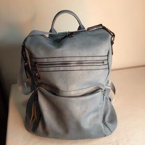 Cluci Large Soft Leather Light Blue Backpack with Zippers & Shoulder Strap